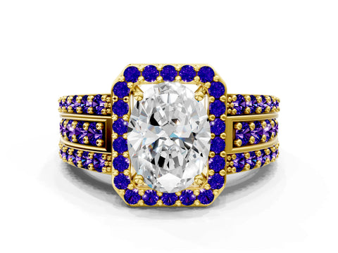 Yellow gold Oval Cut Halo Diamond Ring with Round with Tanzanite side stone Split Shank and Prong Setting