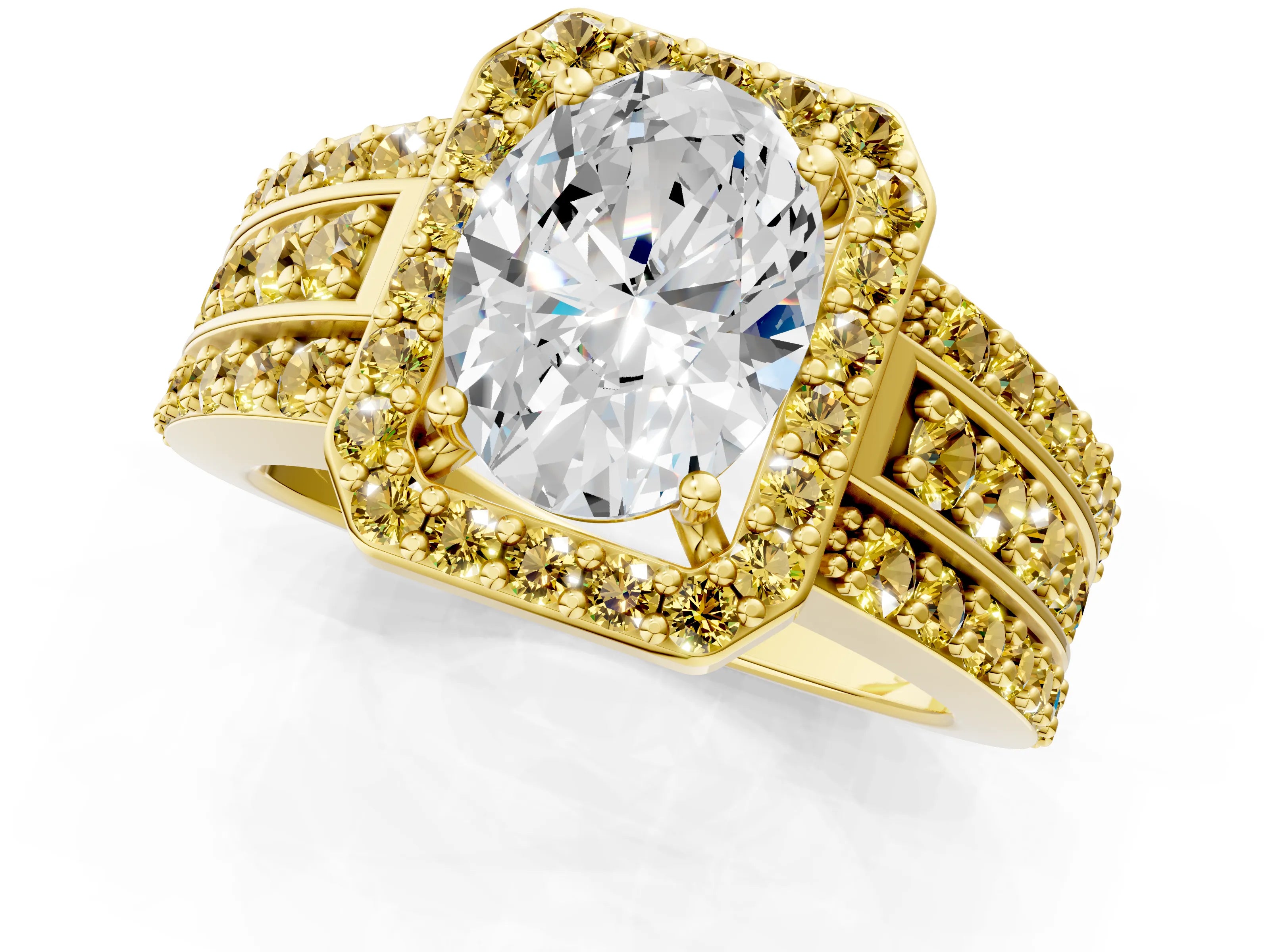Yellow gold Oval Cut Halo Diamond Ring with Round with Yellow Sapphire side stone Split Shank and Prong Setting_1