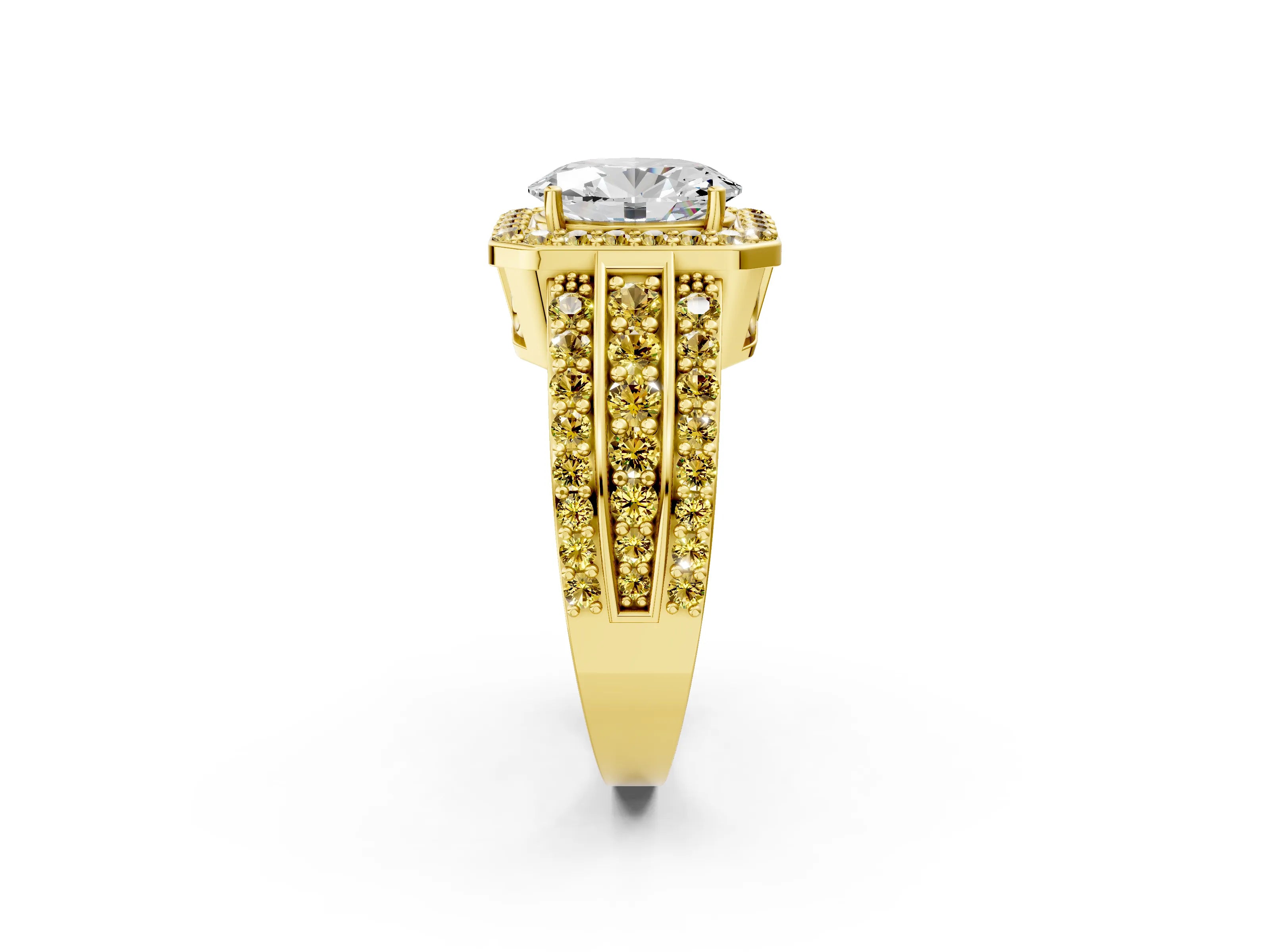 Yellow gold Oval Cut Halo Diamond Ring with Round with Yellow Sapphire side stone Split Shank and Prong Setting_2