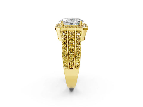 Yellow gold Oval Cut Halo Diamond Ring with Round with Yellow Sapphire side stone Split Shank and Prong Setting_2