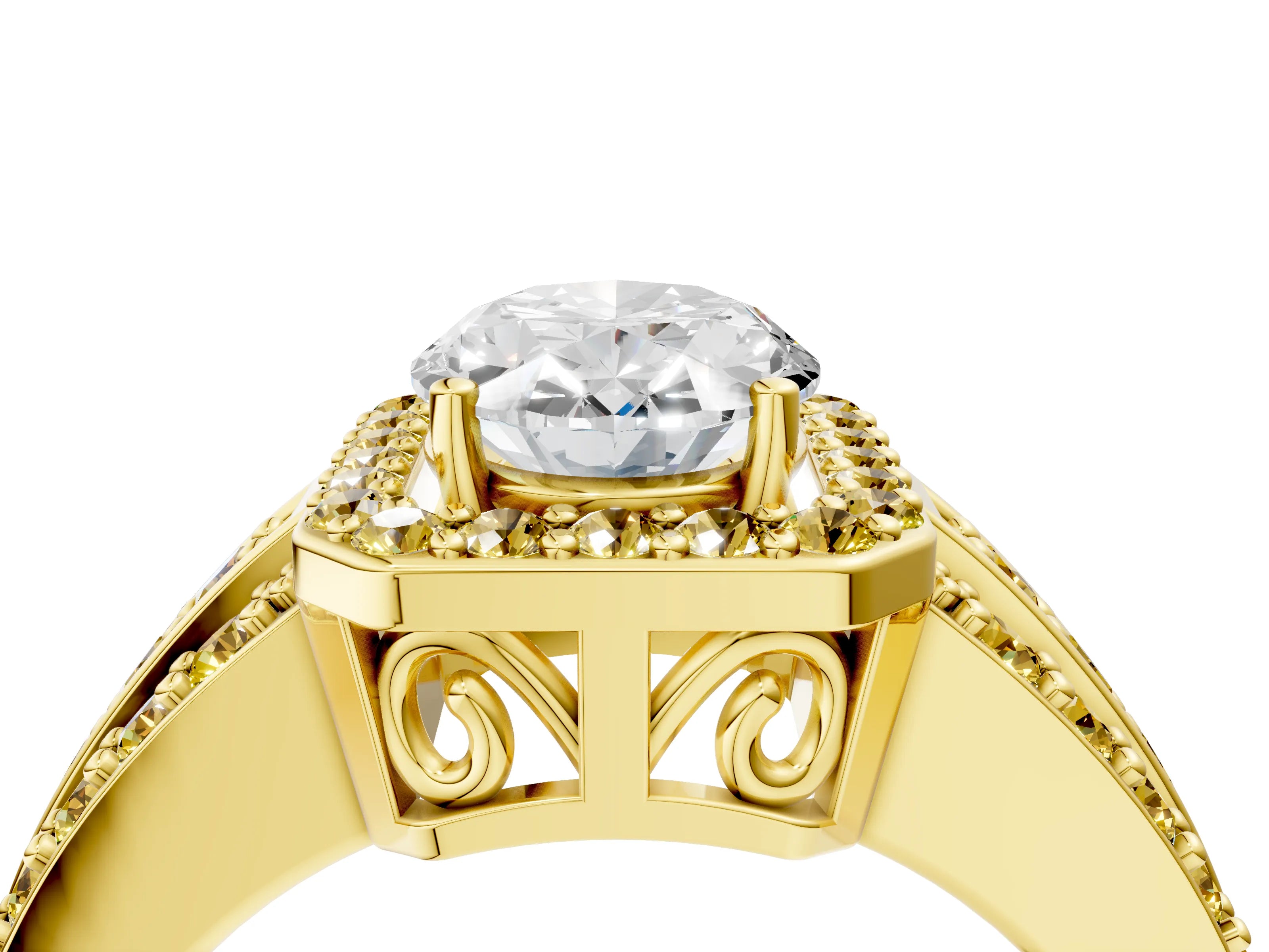 Yellow gold Oval Cut Halo Diamond Ring with Round with Yellow Sapphire side stone Split Shank and Prong Setting_4