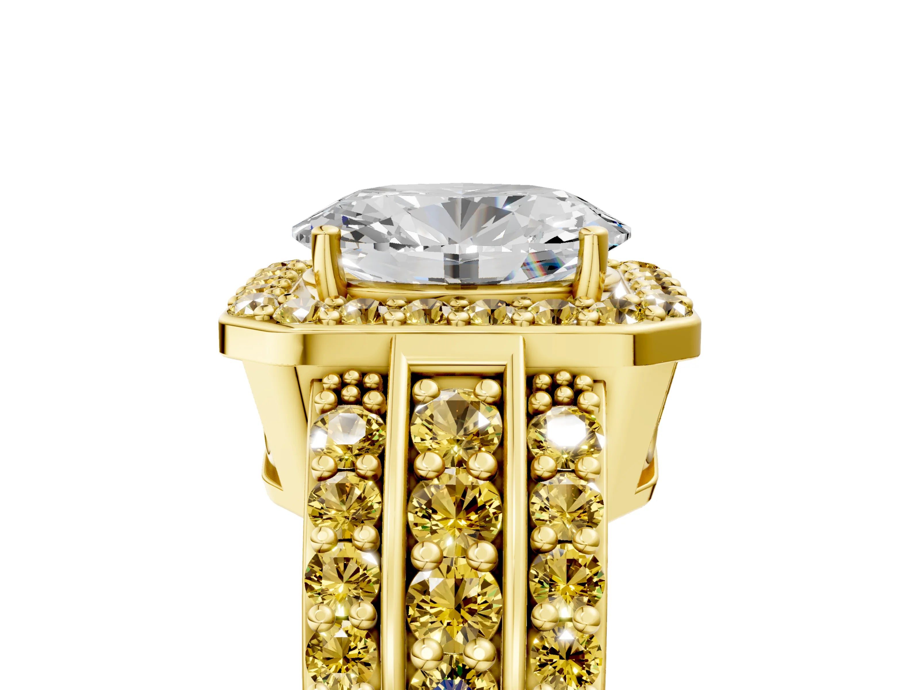 Yellow gold Oval Cut Halo Diamond Ring with Round with Yellow Sapphire side stone Split Shank and Prong Setting_5