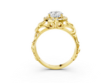 Yellow gold Oval Cut Halo Diamond Ring with Scrollwork Band and Four-Prong Setting_60
