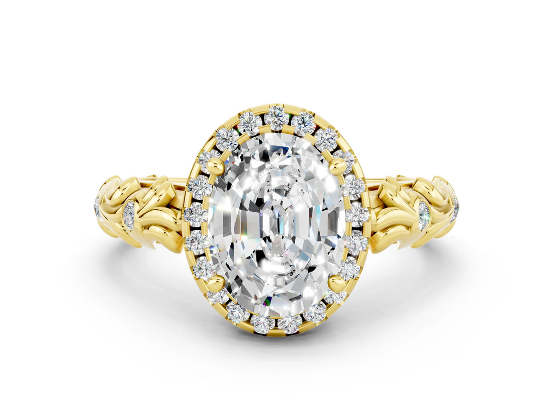 Yellow gold Oval Cut Halo Diamond Solitaire with Filigree Band and Four-Prong Setting