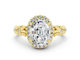 Yellow gold Oval Cut Halo Diamond Solitaire with Filigree Band and Four-Prong Setting