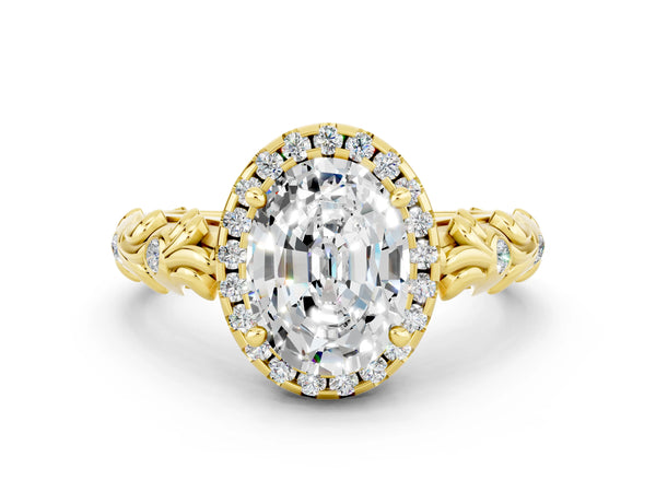 Yellow gold Oval Cut Moissanite Halo Ring with Filigree Band and Prong Setting