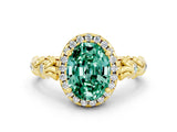 Yellow gold Oval Cut Halo Diamond Solitaire with Filigree Band and Four-Prong Setting
