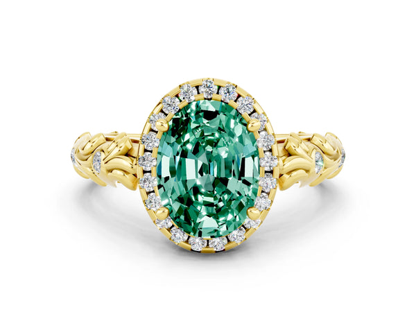 Yellow gold Oval Cut Green Sapphire Halo Ring with Filigree Band and Prong Setting