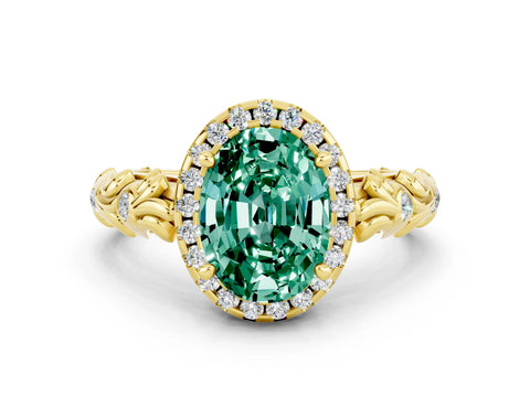 Yellow gold Oval Cut Halo Diamond Solitaire with Filigree Band and Four-Prong Setting