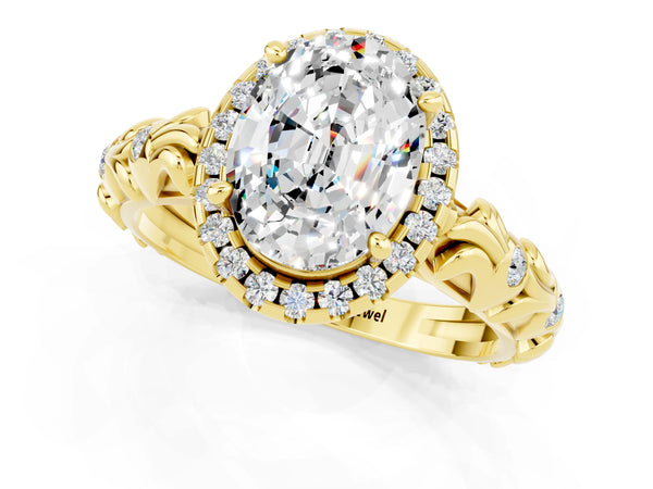 Yellow gold Oval Cut Moissanite Halo Ring with Filigree Band and Prong Setting