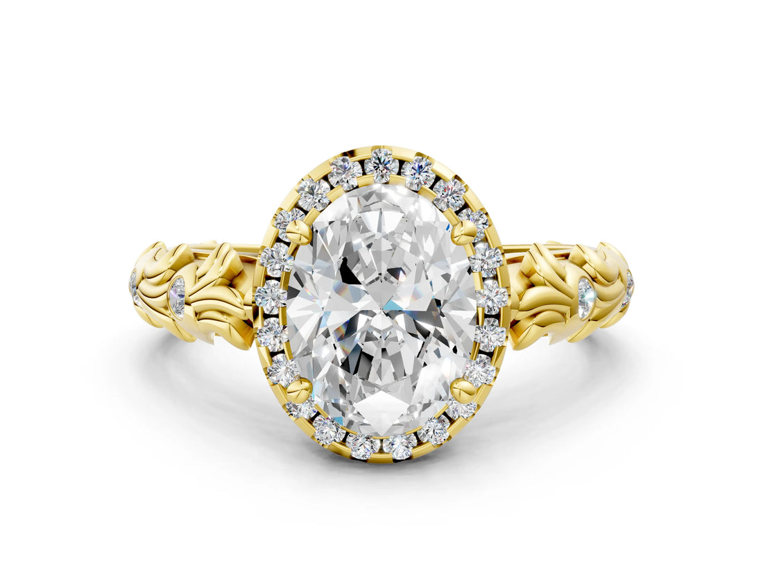 Yellow gold Oval Cut Halo Diamond Solitaire with Filigree Band and Four-Prong Setting_19