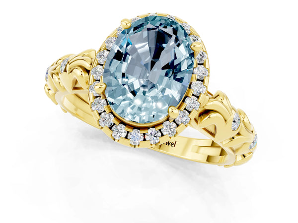 Yellow gold Oval Cut Aquamarine Halo Ring with Filigree Band and Prong Setting