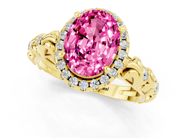 Yellow gold Oval Cut Pink Sapphire Halo Ring with Filigree Band and Prong Setting