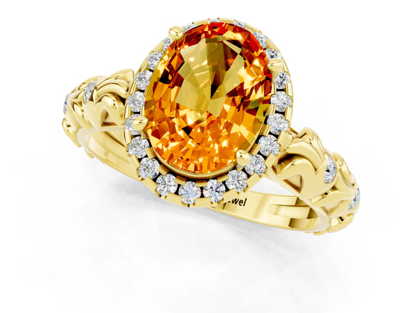 Yellow gold Oval Cut Citrine Halo Ring with Filigree Band and Prong Setting