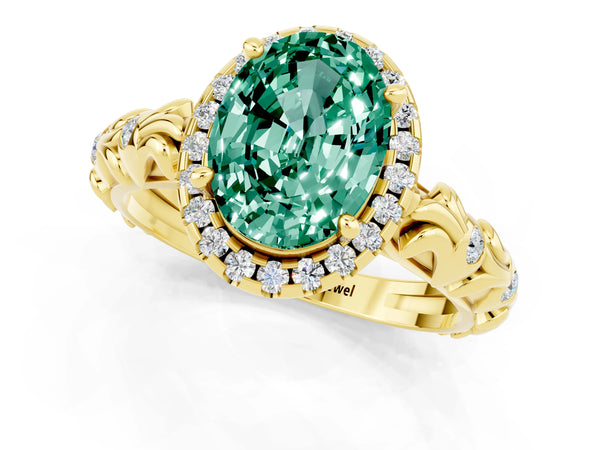 Yellow gold Oval Cut Green Sapphire Halo Ring with Filigree Band and Prong Setting