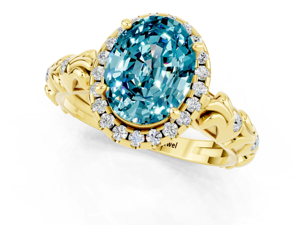 Yellow gold Oval Cut Halo Diamond Solitaire with Filigree Band and Four-Prong Setting