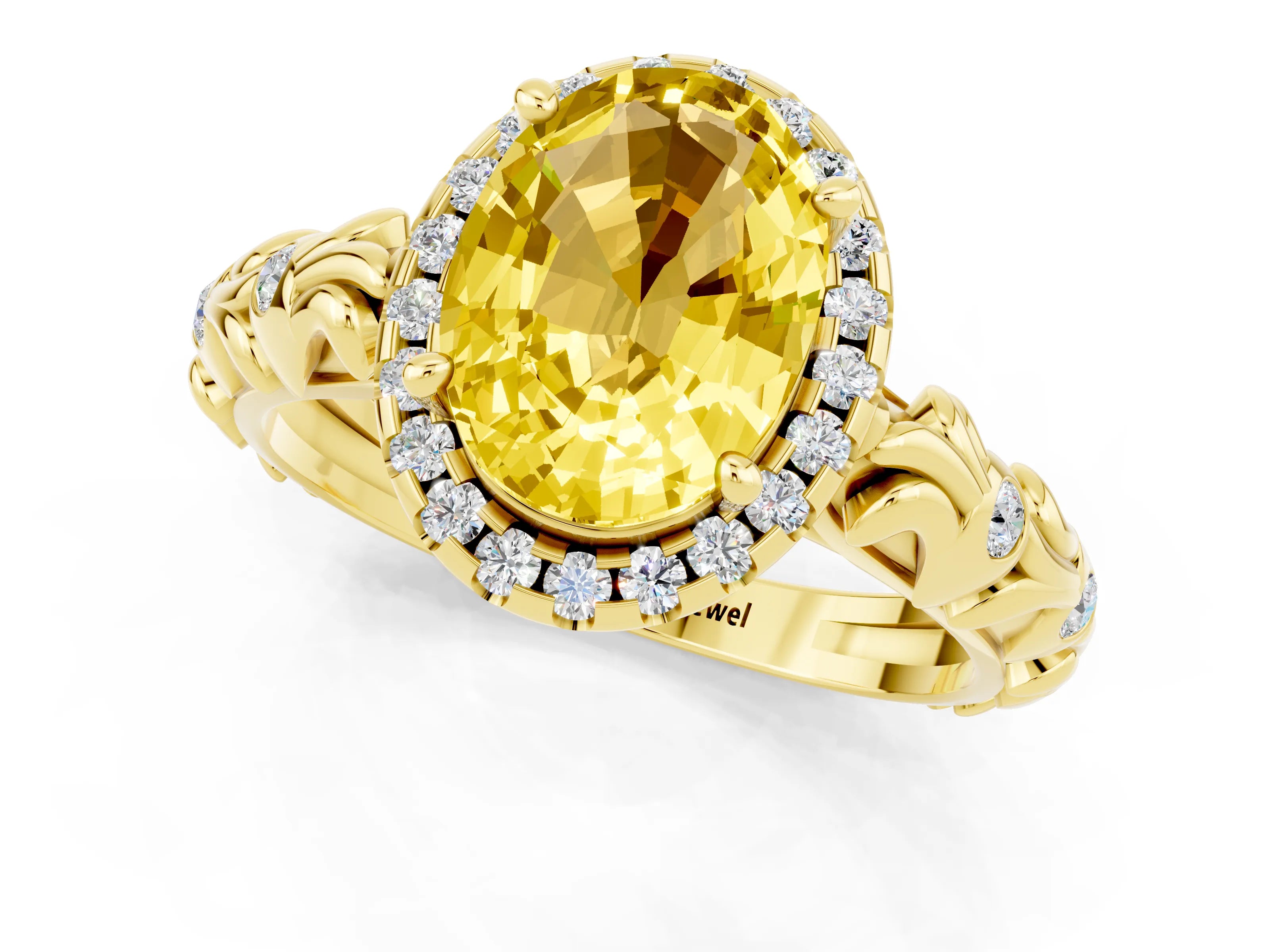 Yellow gold Oval Cut Halo Diamond Solitaire with Filigree Band and Four-Prong Setting_1