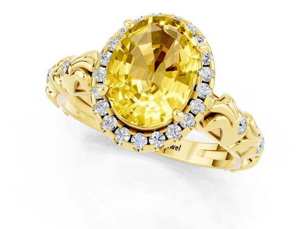 Yellow gold Oval Cut Yellow Sapphire Halo Ring with Filigree Band and Prong Setting