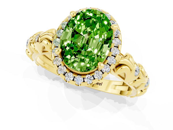 Yellow gold Oval Cut Peridot Halo Ring with Filigree Band and Prong Setting