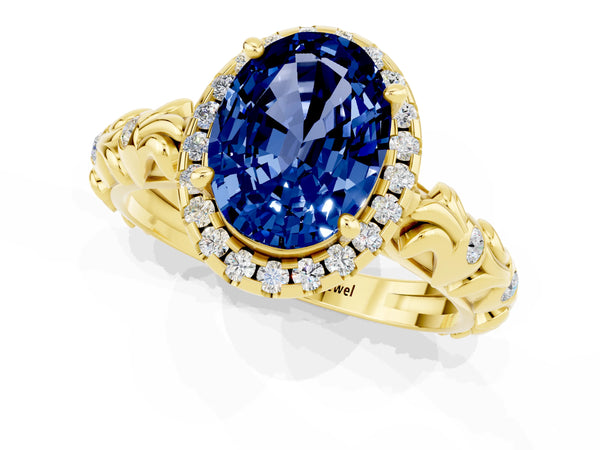 Yellow gold Oval Cut Blue Sapphire Halo Ring with Filigree Band and Prong Setting