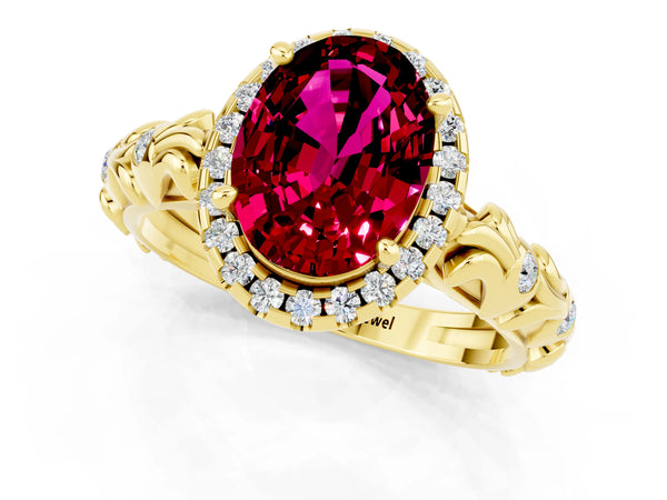 Yellow gold Oval Cut Garnet Halo Ring with Filigree Band and Prong Setting