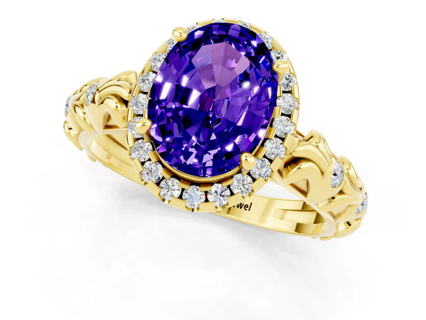 Yellow gold Oval Cut Tanzanite Halo Ring with Filigree Band and Prong Setting