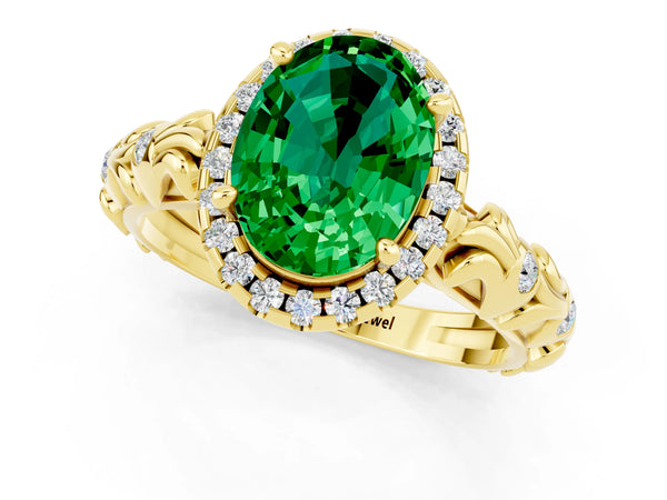 Yellow gold Oval Cut Emerald Halo Ring with Filigree Band and Prong Setting