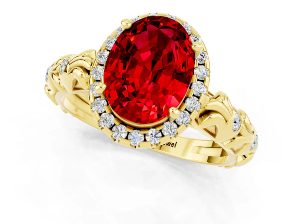 Yellow gold Oval Cut Ruby Halo Ring with Filigree Band and Prong Setting