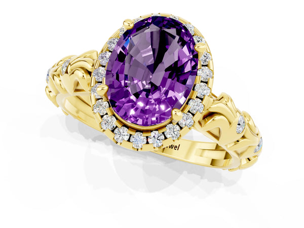 Yellow gold Oval Cut Amethyst Halo Ring with Filigree Band and Prong Setting