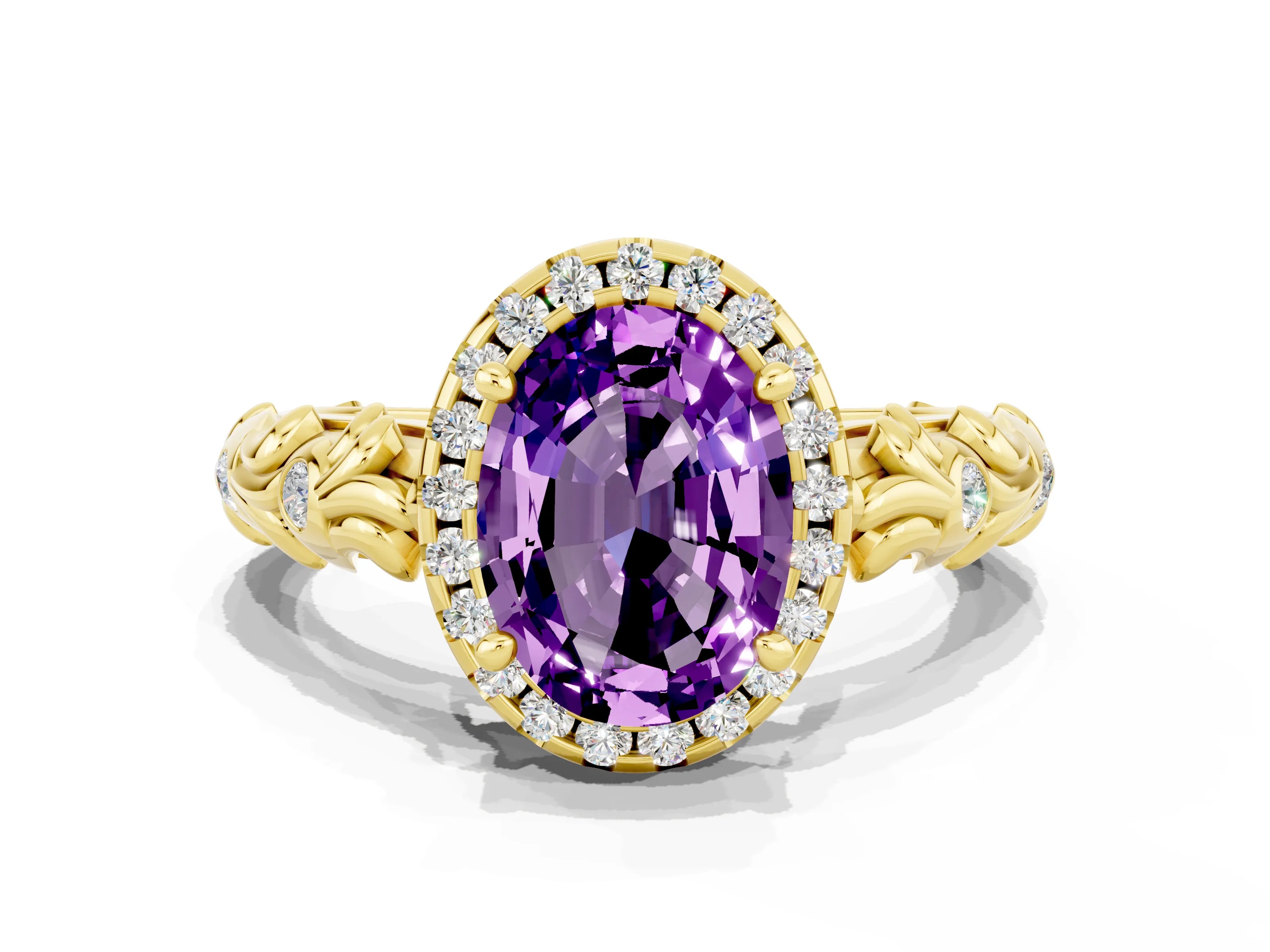 Yellow gold Oval Cut Halo Diamond Solitaire with Filigree Band and Four-Prong Setting