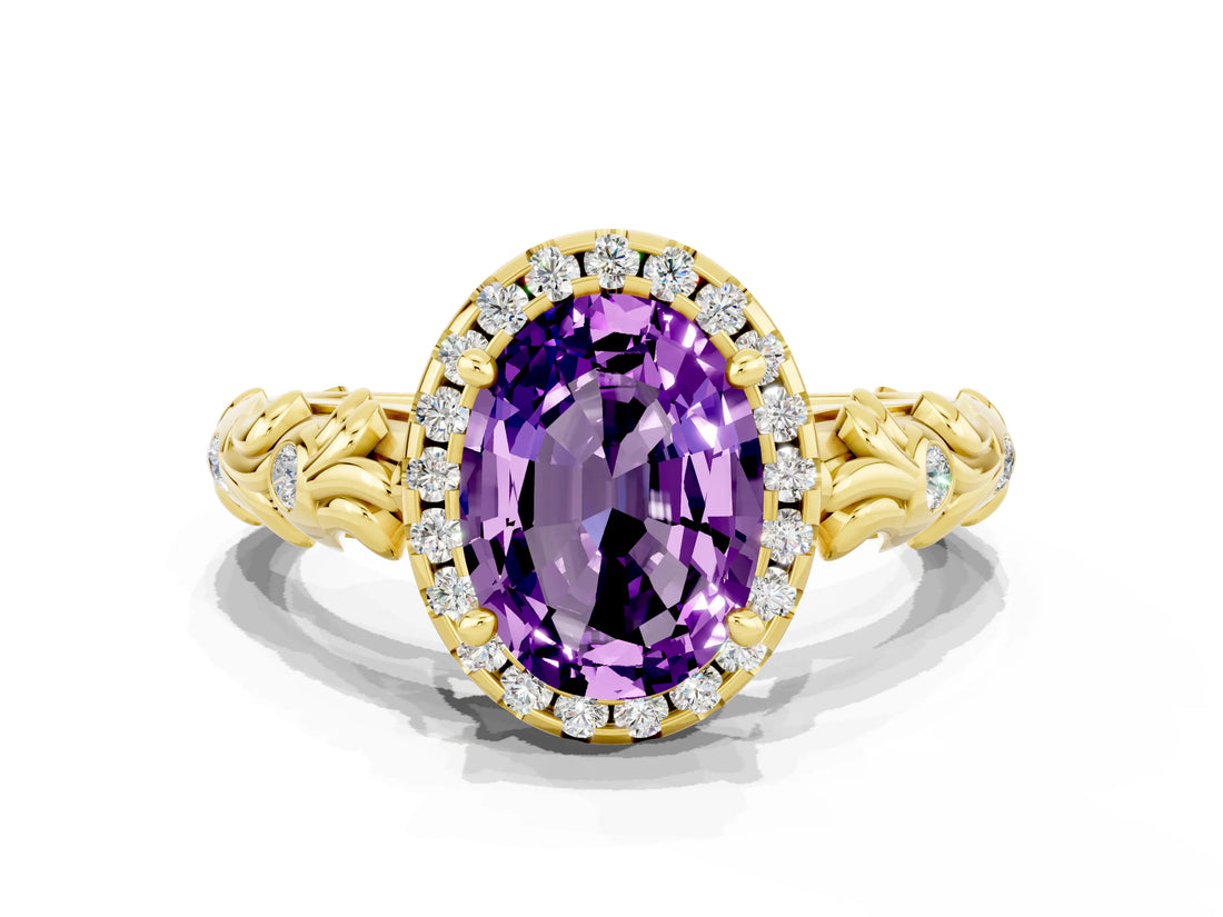 Yellow gold Oval Cut Halo Diamond Solitaire with Filigree Band and Four-Prong Setting