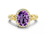 Yellow gold Oval Cut Halo Diamond Solitaire with Filigree Band and Four-Prong Setting