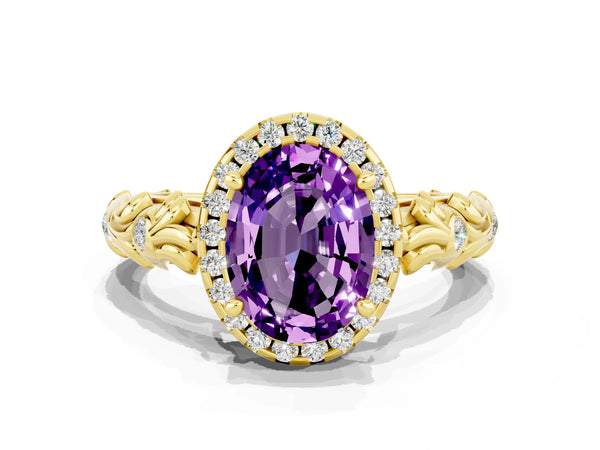 Yellow gold Oval Cut Amethyst Halo Ring with Filigree Band and Prong Setting