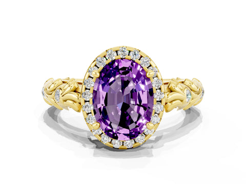 Yellow gold Oval Cut Halo Diamond Solitaire with Filigree Band and Four-Prong Setting
