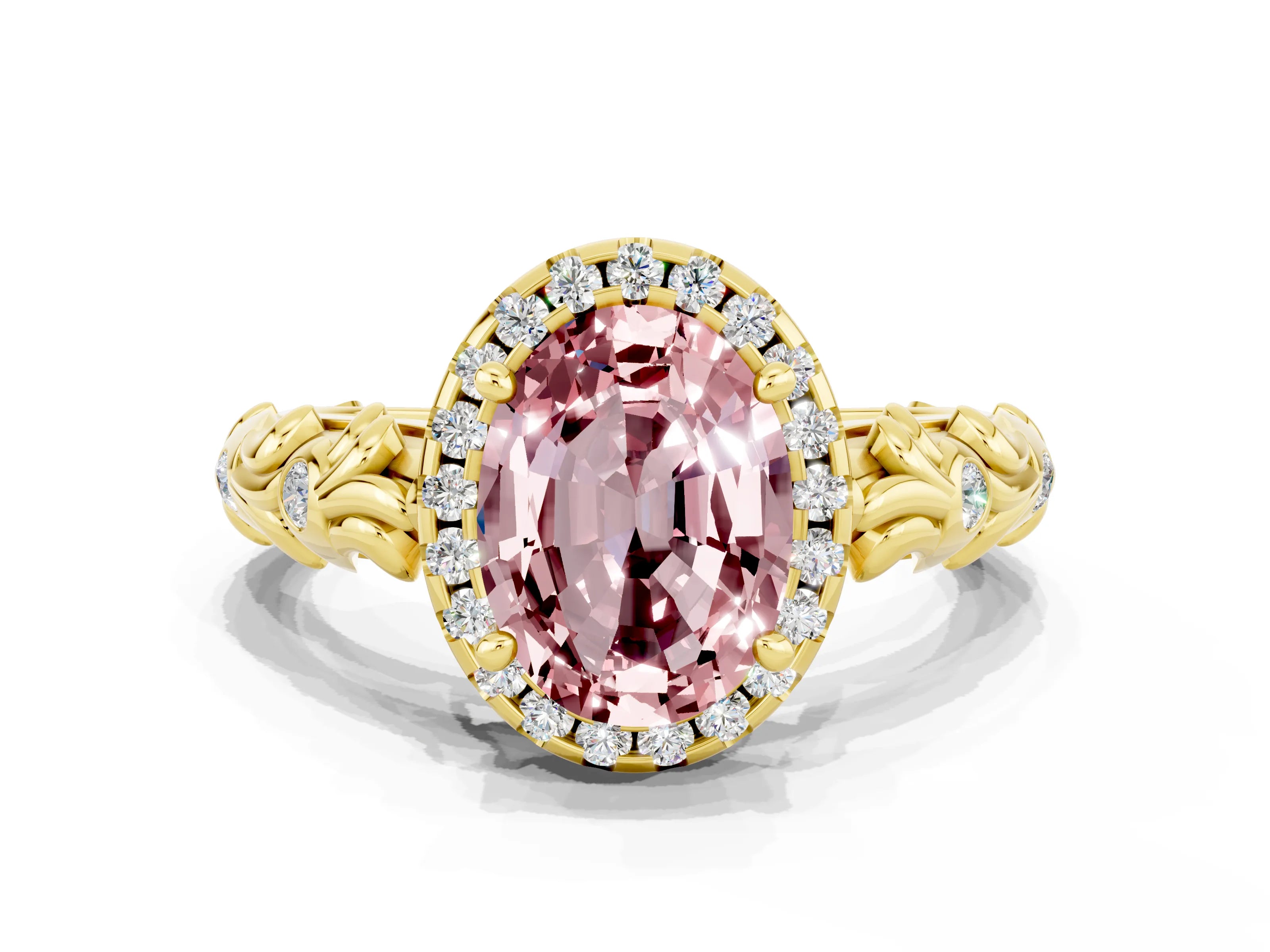 Yellow gold Oval Cut Halo Diamond Solitaire with Filigree Band and Four-Prong Setting