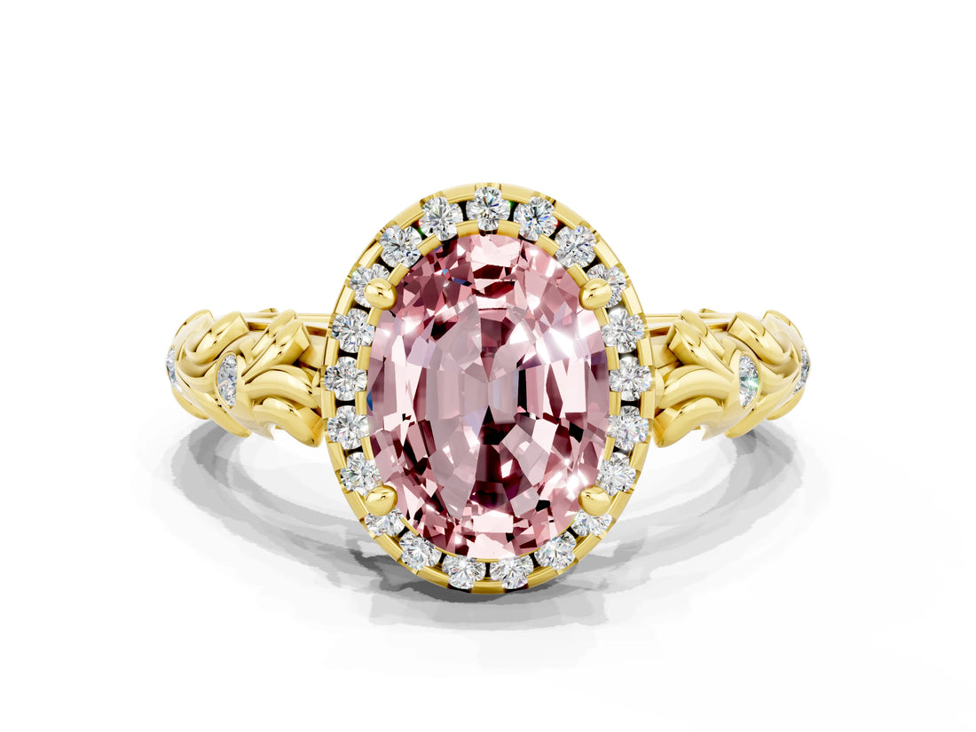 Yellow gold Oval Cut Halo Diamond Solitaire with Filigree Band and Four-Prong Setting
