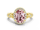 Yellow gold Oval Cut Halo Diamond Solitaire with Filigree Band and Four-Prong Setting