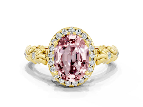 Yellow gold Oval Cut Halo Diamond Solitaire with Filigree Band and Four-Prong Setting