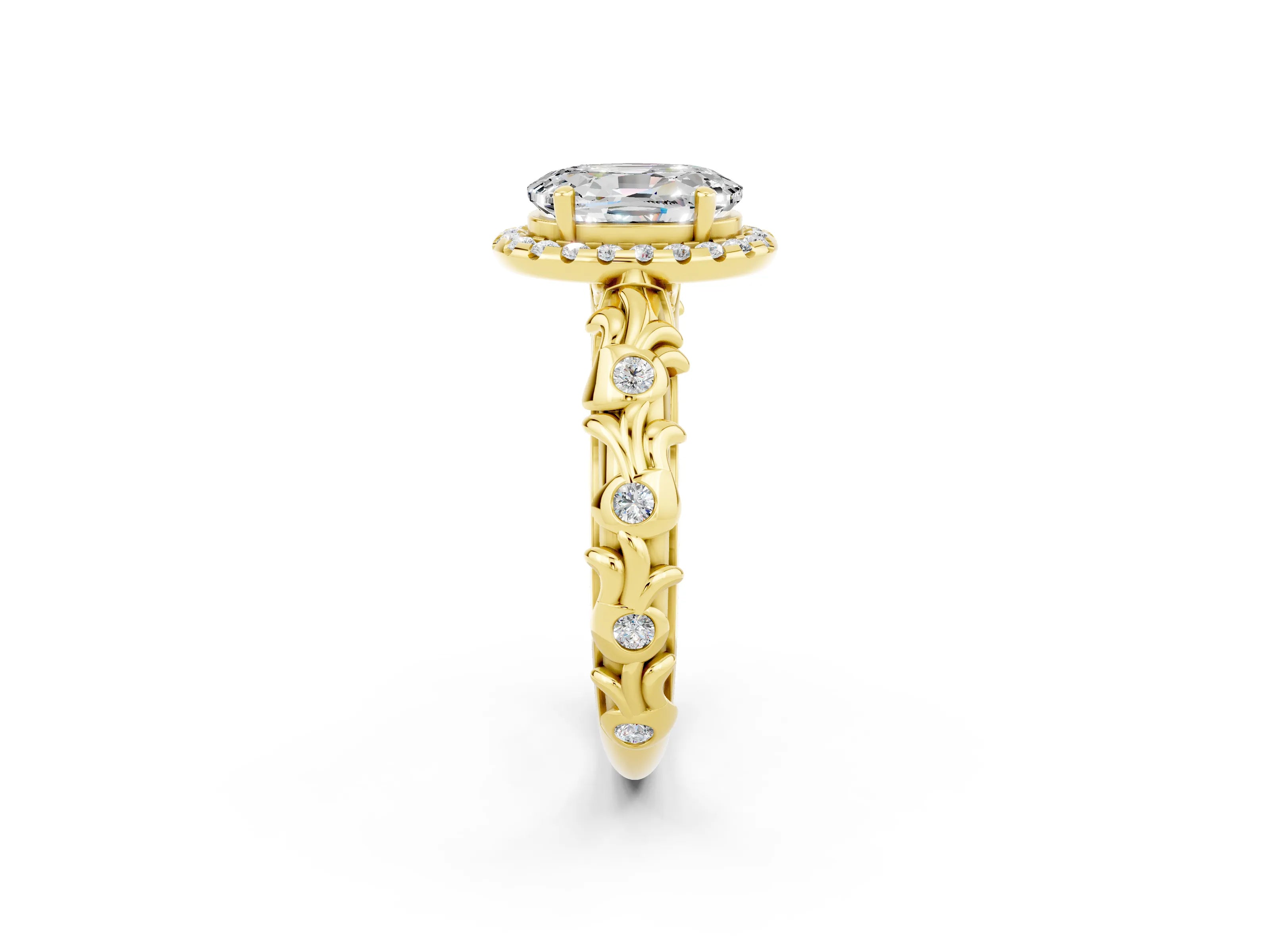 Yellow gold Oval Cut Halo Diamond Solitaire with Filigree Band and Four-Prong Setting_2
