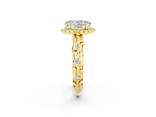 Yellow gold Oval Cut Moissanite Halo Ring with Filigree Band and Prong Setting