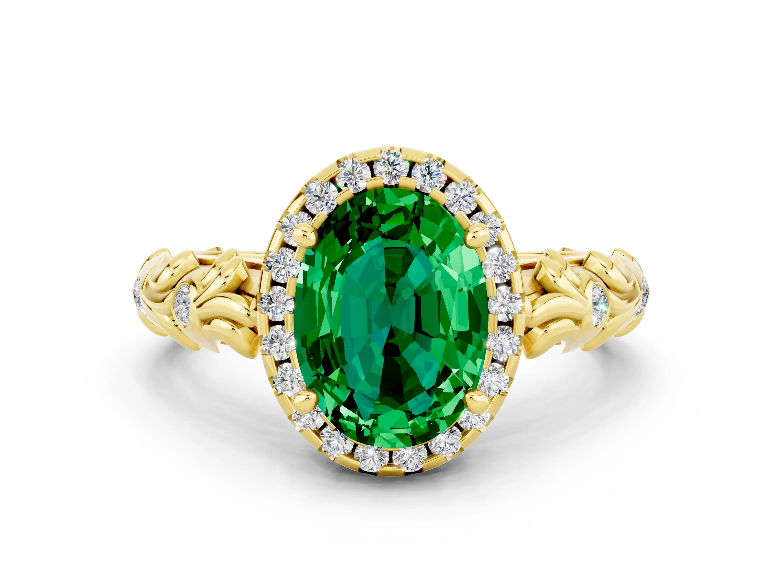 Yellow gold Oval Cut Halo Diamond Solitaire with Filigree Band and Four-Prong Setting