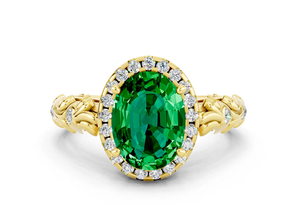 Yellow gold Oval Cut Emerald Halo Ring with Filigree Band and Prong Setting