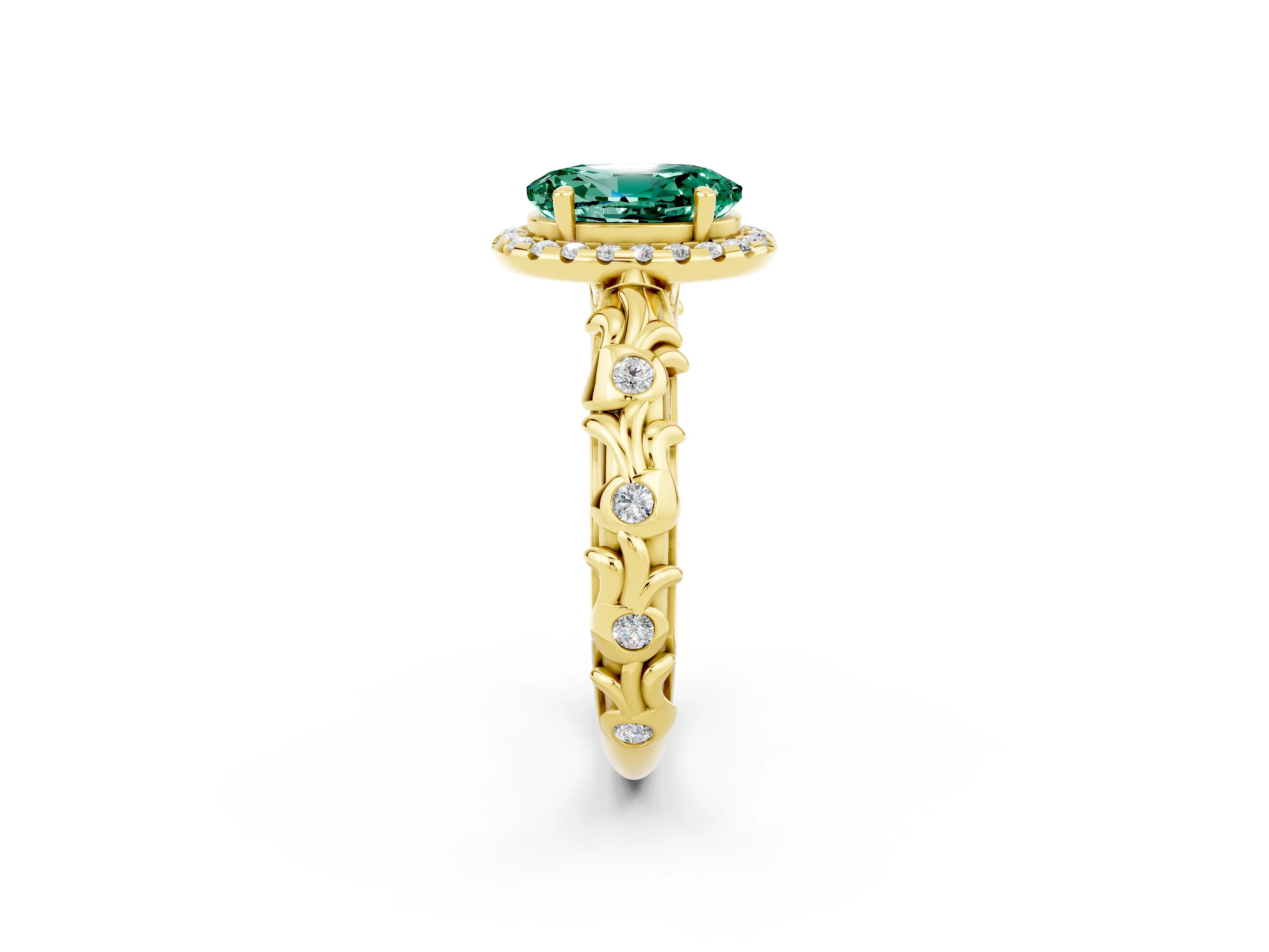 Yellow gold Oval Cut Halo Diamond Solitaire with Filigree Band and Four-Prong Setting_2