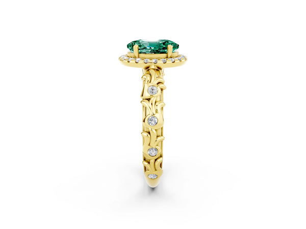Yellow gold Oval Cut Green Sapphire Halo Ring with Filigree Band and Prong Setting
