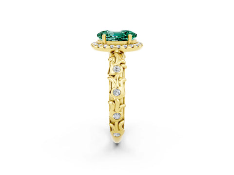 Yellow gold Oval Cut Halo Diamond Solitaire with Filigree Band and Four-Prong Setting_2