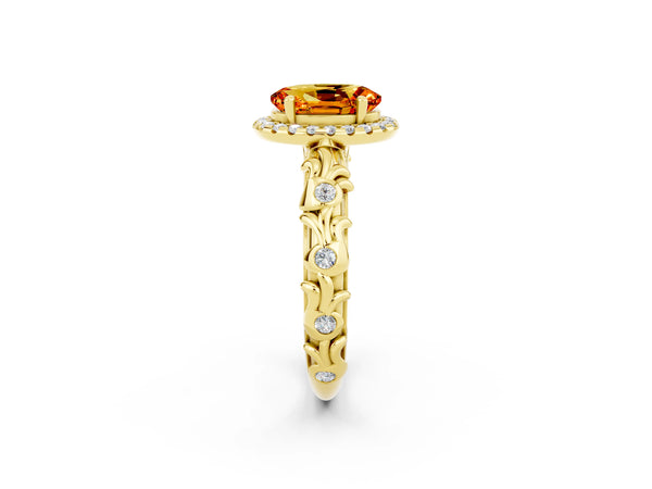 Yellow gold Oval Cut Citrine Halo Ring with Filigree Band and Prong Setting