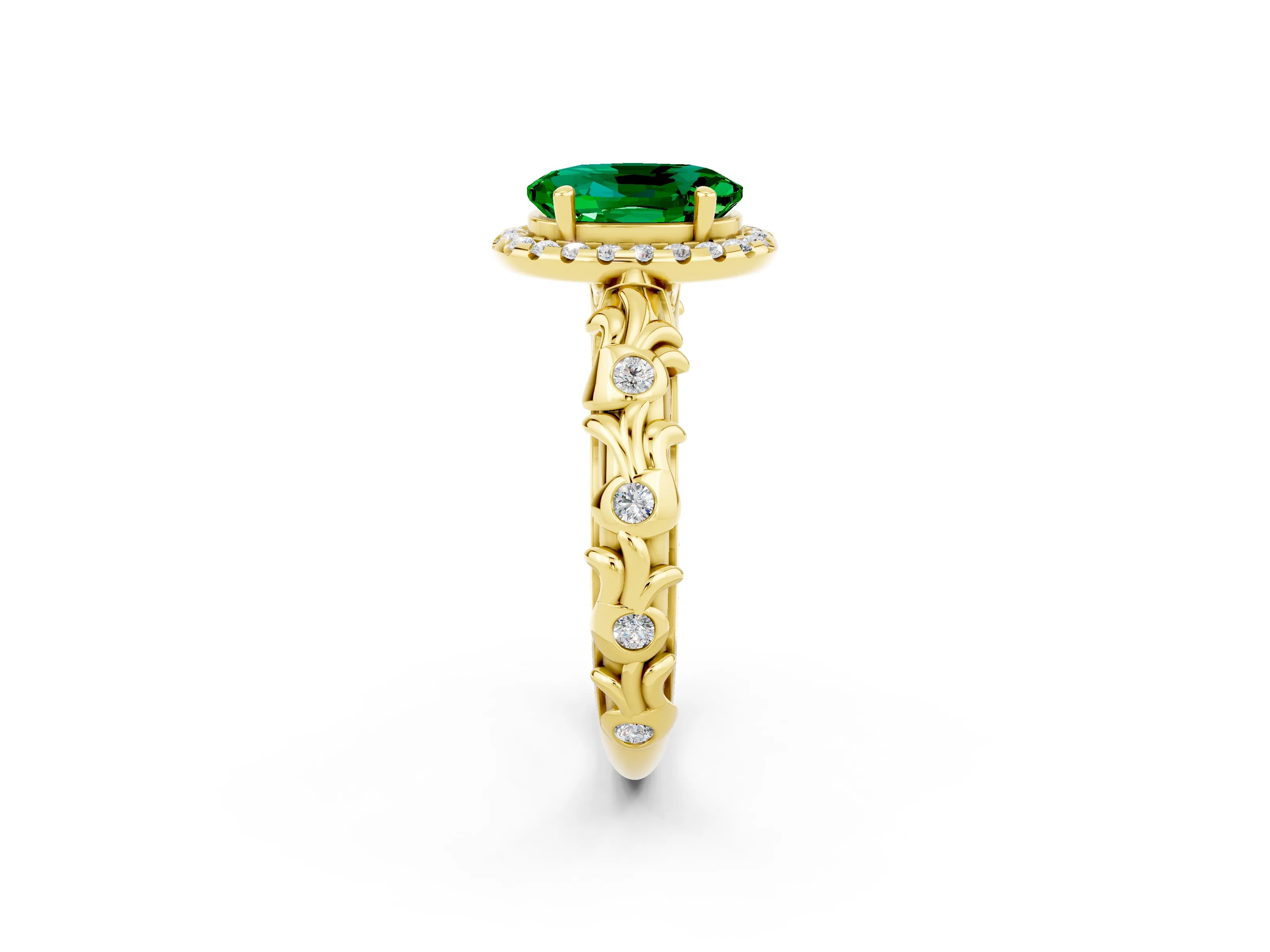 Yellow gold Oval Cut Halo Diamond Solitaire with Filigree Band and Four-Prong Setting_2