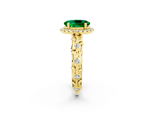 Yellow gold Oval Cut Emerald Halo Ring with Filigree Band and Prong Setting