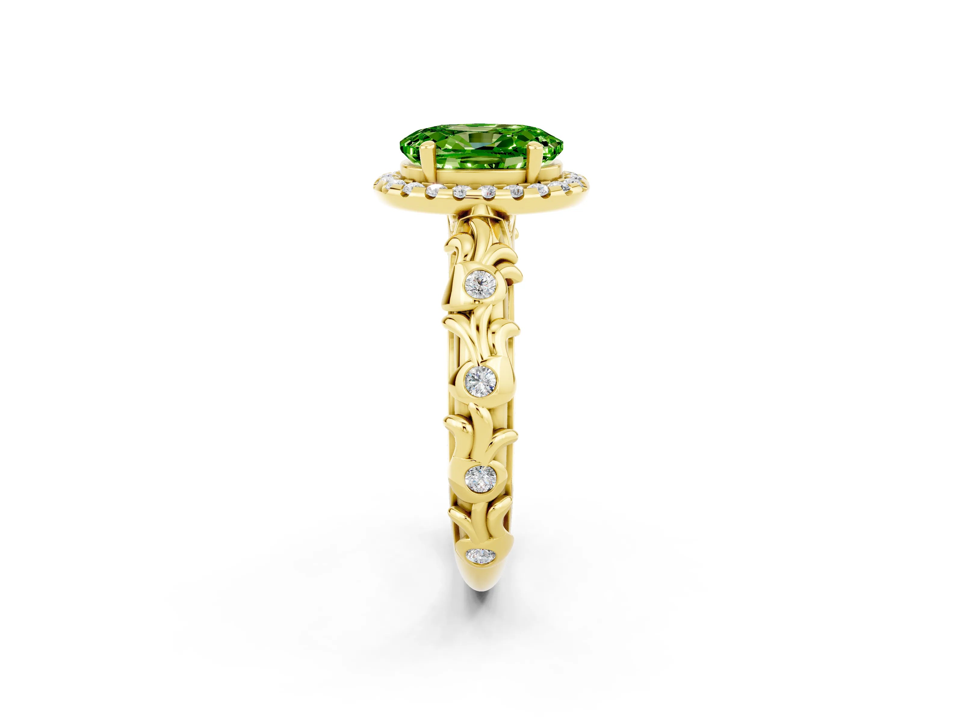 Yellow gold Oval Cut Halo Diamond Solitaire with Filigree Band and Four-Prong Setting_2