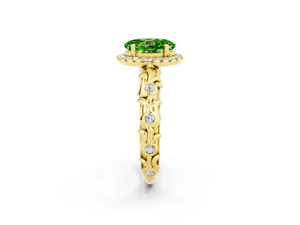 Yellow gold Oval Cut Peridot Halo Ring with Filigree Band and Prong Setting